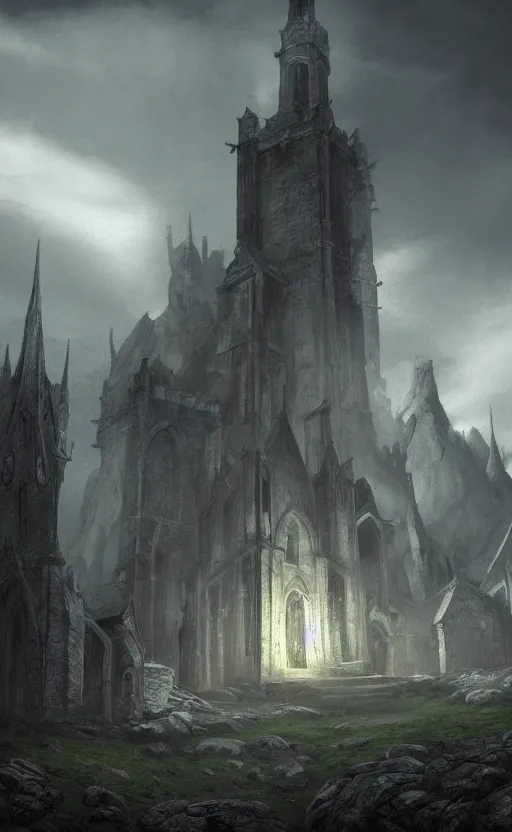 Prompt: concept art, matte painting, dark small church on a hill, fantasy style, Dark Souls style, highly detailed, WLOP, artstation