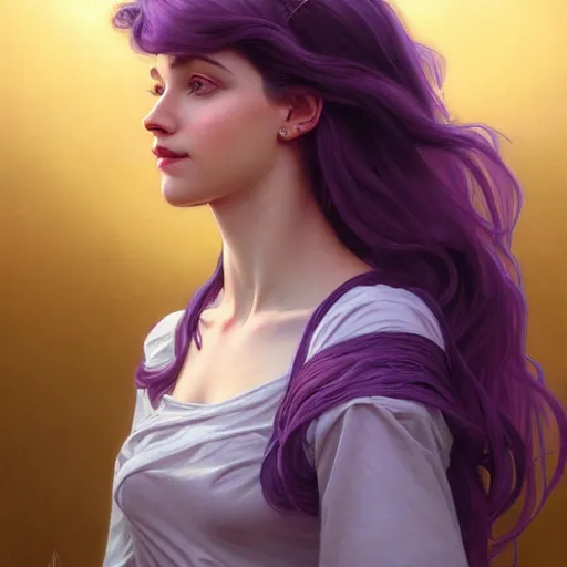 Image similar to portrait of a young girl, nose ring, upper body, purple hair, long hair, joyful smirk, intricate, elegant, highly detailed, digital painting, artstation, concept art, matte, sharp focus, illustration, art by artgerm and greg rutkowski and alphonse mucha