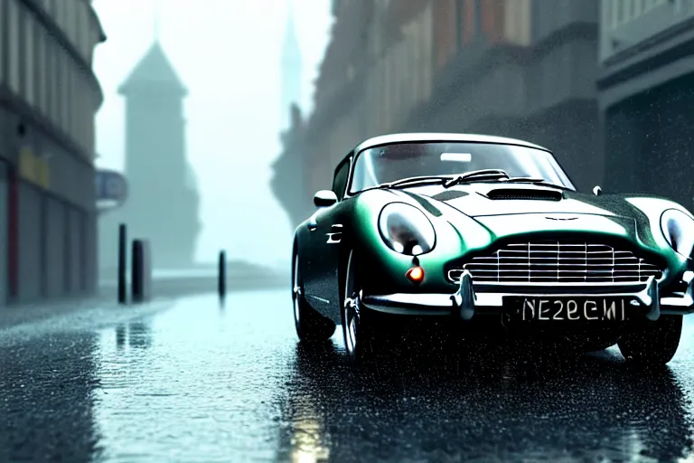 Image similar to a wholesome animation key shot of!! one!! focused!! aston martin db 5!!, dynamic, on a wet london street, raining, wide shot, studio ghibli, pixar and disney animation, sharp, very detailed, high resolution, rendered in unreal engine 5, anime key art by greg rutkowski, dull atmospheric lighting