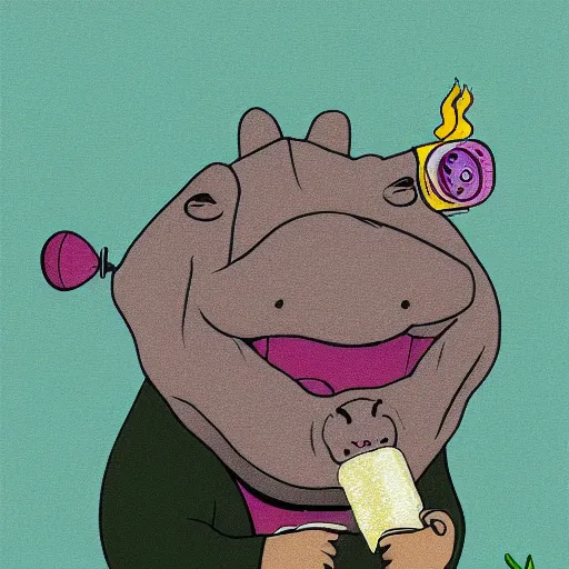 Prompt: portrait of a extremely happy Hippo smoking a joint