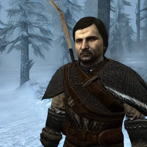 Prompt: Jarosław Kaczyński as a character in Skyrim , high detail, video game screenshot