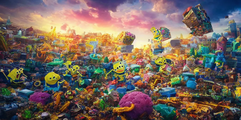 Prompt: Earth destroyed by a huge SpongeBob Toy, realistic 4k octane beautifully detailed render, 4k post-processing, highly detailed, intricate complexity, epic composition, magical atmosphere, cinematic lighting, masterpiece, ultra hd