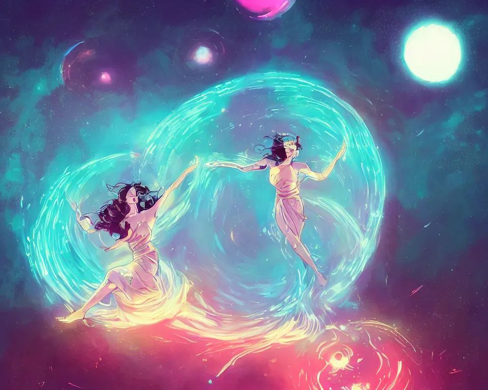 Image similar to a beautiful whimsical goddess floating above a lake basking in the moonlight, firebending, underneath a multi-colored binary blackhole with an accretion disc, glowing trails following her arms, wearing professional makeup, synthwave, by Lois van Baarle, by Greg Rutkowski, by artgerm, by beeple, by studio ghibli, cinematic angle, volumetric lighting, 4k resolution, octane render, trending on artstation, masterpiece