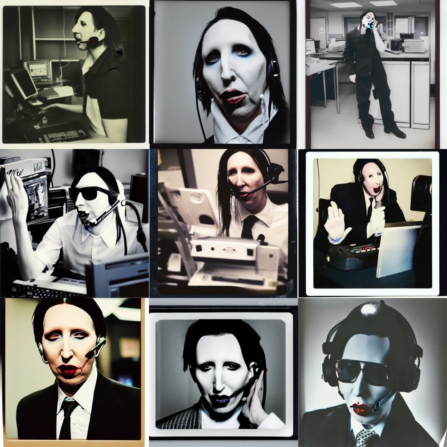 Prompt: Marilyn Manson, working in a call center, polaroid photograph, 4k