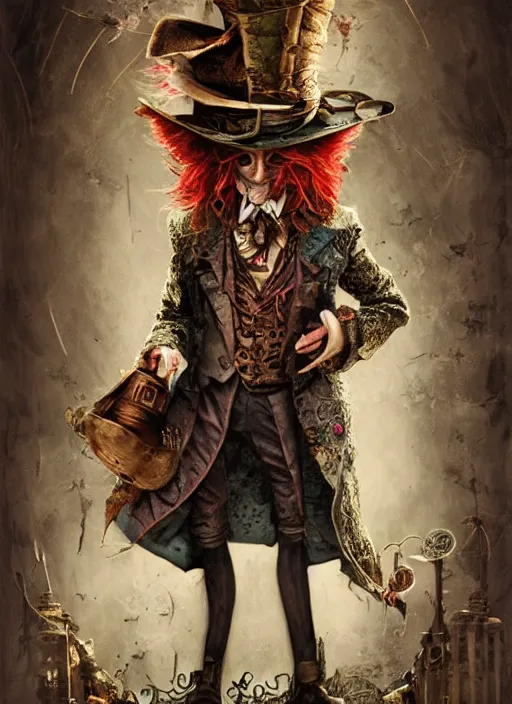 Image similar to mad hatter, steampunk style, highly detailed, cinematic, 8 k, by megan duncanson, benjamin lacombe, adrian borda, stanley artgermm, tom bagshaw, craig mullins, carne griffiths, ayami kojima, beksinski, giger, trending on deviantart, hyper detailed, horror, full of colour