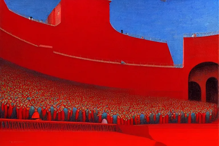 Image similar to only with red, a red great emperor, taormina amphitheatre, crowd with big smile, in the style of beksinski, parts by edward hopper, parts by rodcenko, parts by yue minjun, intricate and epic composition, red by caravaggio, insanely quality, highly detailed, masterpiece, red light, artstation, 4 k