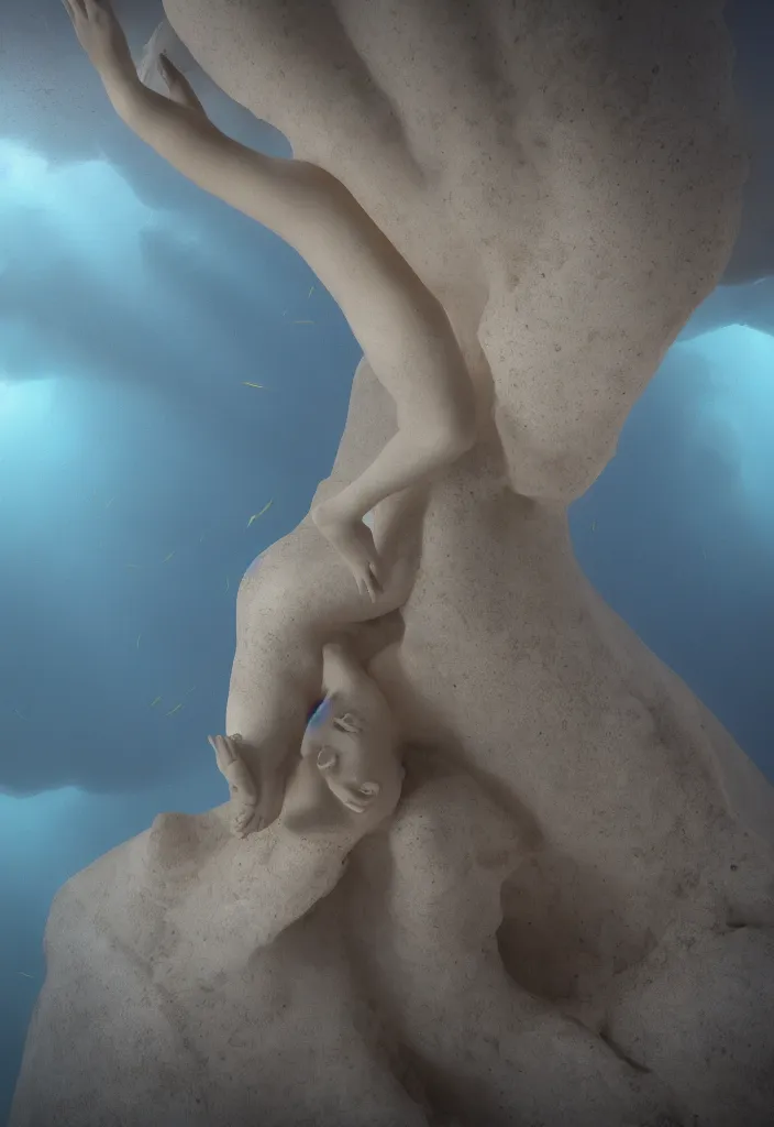 Prompt: an underwater dance between two lightning geometries. complementary colors. national geographic. 8 k, rendered in octane, smooth gradients. soft natural volumetric cinematic light. subsurface scattering. sculpture by antonio canova.