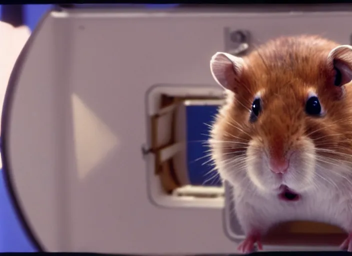 Image similar to film still of a hamster working for mission control at nasa, 8 k