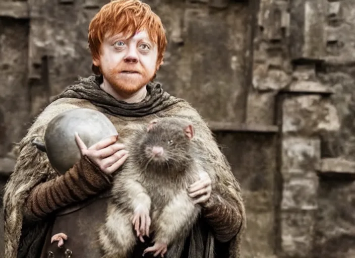 Image similar to rupert grint as thehnellor in game of thrones, holding his large fat rat, live action film, cinematic photo, clear hd image