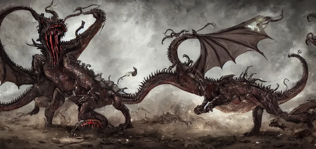 Image similar to concept art of dragon attack, lovecraftian, lots of teeth, melting horror, feathers, fighting the horrors of the unknown with laser guns