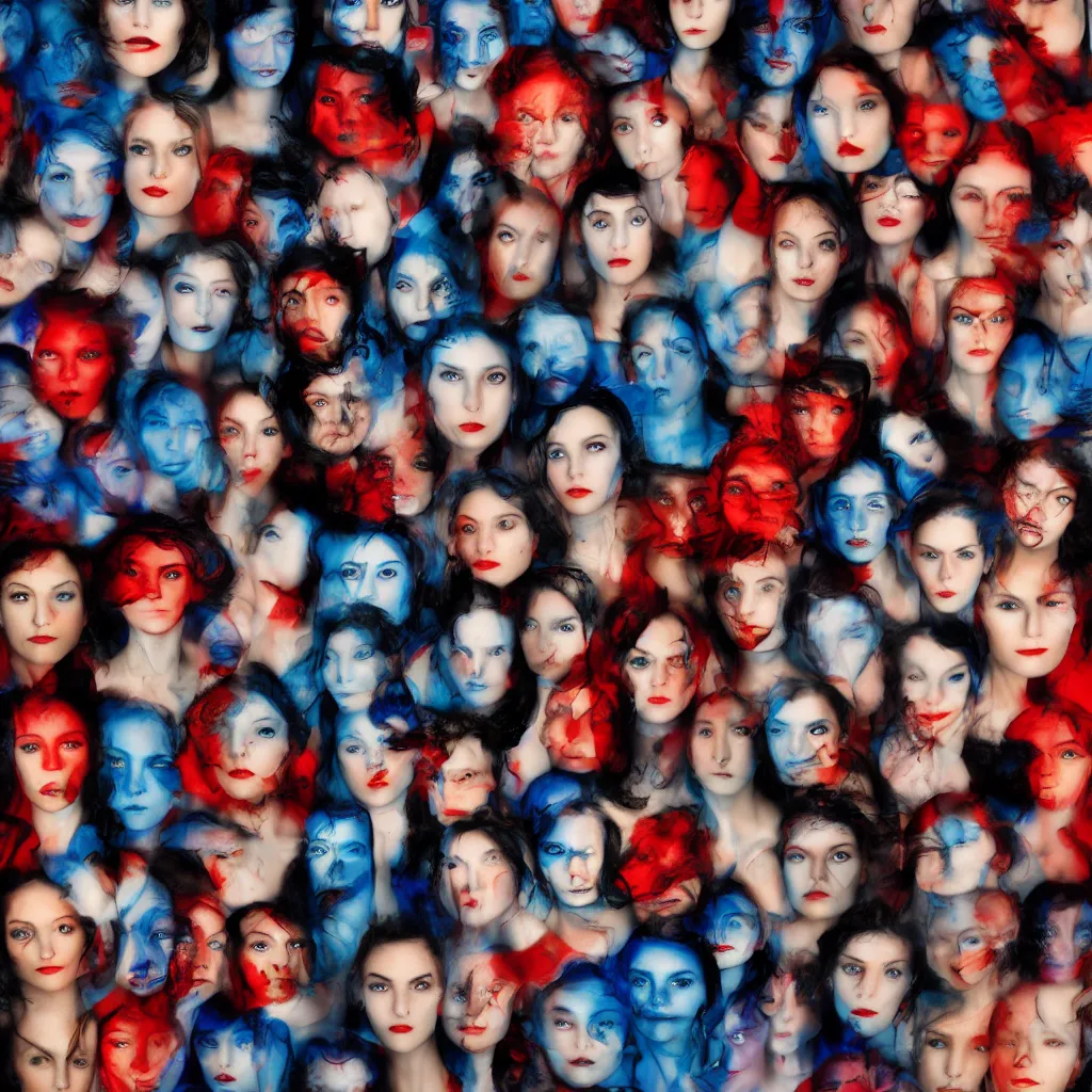 Image similar to an amalgamation of many faces, photograph, blue and red professional studio lights, gaze, editorial model, photo, annie leibovitz, steve mccurry, david lazar, 3 5 mm, f 2. 8, 8 k, detailed