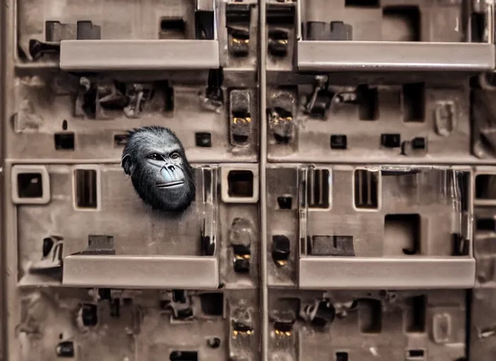 Image similar to human - ape hybrid inside fuse box in post communist apartment building