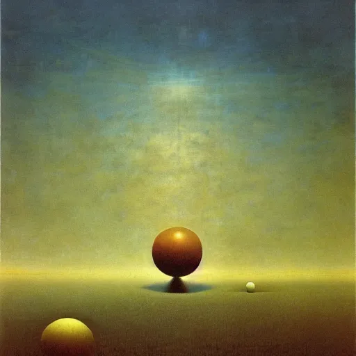 Prompt: row of floating spheres spread out symmetrically above the horizon, zdzislaw beksinski