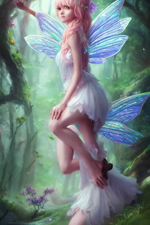 Image similar to a cute fairy in the dreamy forest, fantasy, 8 k resolution, hyper detailed, d & d, character design, digital painting, trending on artstation, sharp focus, illustration, art by artgerm, steve zheng, fuji choko, viktoria gavrilenko, hoang lap