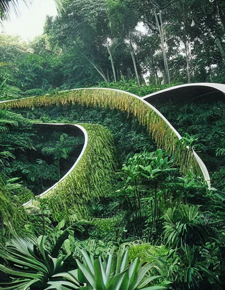 Prompt: a massive liquid gold and white fluid sculpture in the jungle covered in plants and vines photograph, architecture carved for a titan, beautiful in its smoothness and expansiveness, curving geometric arches, architectural photograph by louis kahn and moshe safdie