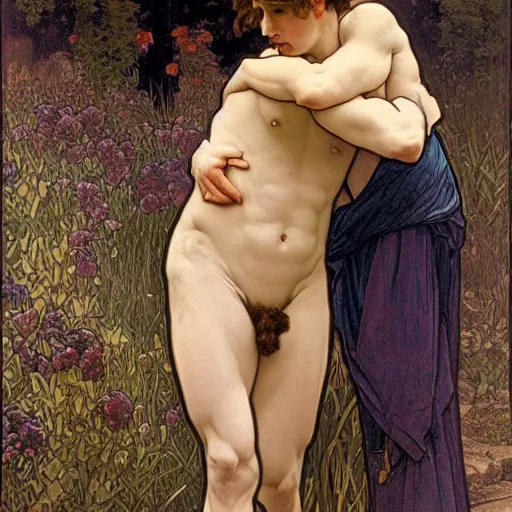 Prompt: ultra realistic illustration of apollo and hyacinthus, romantic embrace, full body, male body, elegant study, poster art alphonse mucha and ivanov aleksandr andreyevich