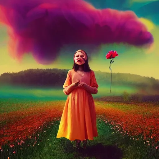 Image similar to girl with an exploding flower for a head, surreal photography, dream, standing in flower field, magical, in a valley, sunrise dramatic light, impressionist painting, colorful clouds, artstation, simon stalenhag, flower face