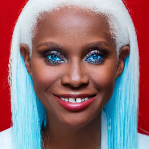 Image similar to photo of a stunning black woman with pure white hair and blue eyes