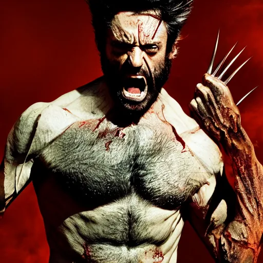 Image similar to the wolverine, scream, zombie, full body shot, butcher by yousuf karsh, golden hour, realistic, body shot, sharp focus, 8 k high definition, insanely detailed, intricate, elegant