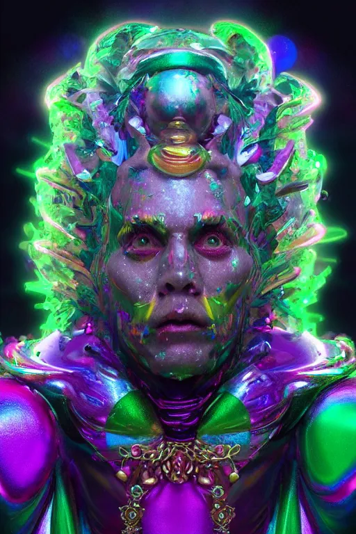 Image similar to a hyperdimensional jester, neon rainbow quartz, 4k detailed hyperrealistic digital photo by Andy Thomas, Mario Martinez, Daniel Mirante, Gustave Dore, Artstation, CGsociety