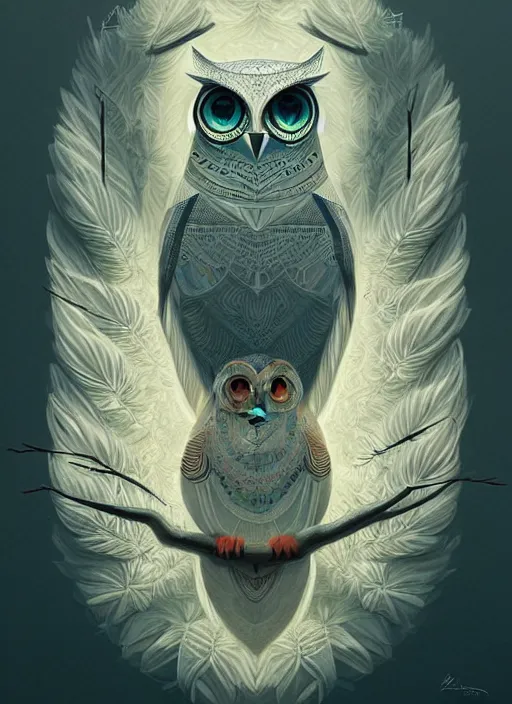 Image similar to portrait of a geometric owl, identical eyes, medium shot, illustration, full body made of white feathers, symmetrical, art stand, super detailed, cinematic lighting, and its detailed and intricate, gorgeous, by peter mohrbacher