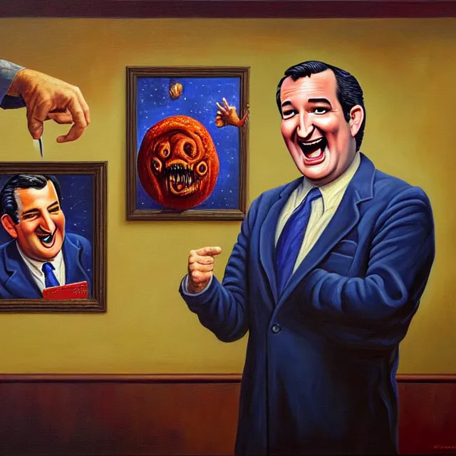 Prompt: an oil on canvas portrait painting of ted cruz telling a joke about the the republican party, surrealism, surrealist, cosmic horror, rob gonsalves, high detail