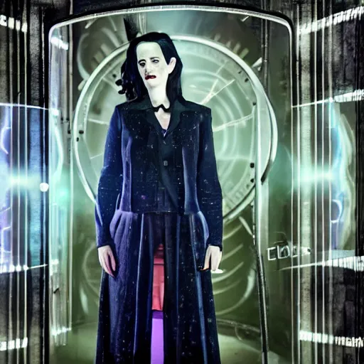 Image similar to a full body photograph of eva green as'doctor who ', time vortex in the background, detailed face, symmetrical face, extreme realism and detail, 8 k, completely framed, direct lighting, 3 5 mm photo, photorealistic, sharp focus