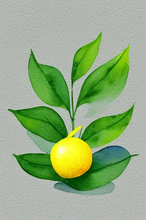 Image similar to minimalist watercolor art of a yellow lemon with green leaves, illustration, vector art