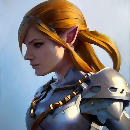 Image similar to greg manchess portrait painting of partially armored female link from legend of zelda as overwatch character, medium shot, asymmetrical, profile picture, organic painting, sunny day, matte painting, bold shapes, hard edges, street art, trending on artstation, by huang guangjian and gil elvgren and sachin teng