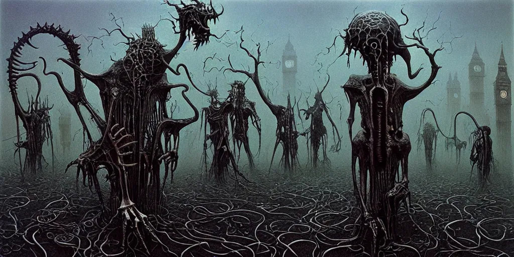 Image similar to eldritch creatures with surrealistic morphed skeletons roaming the streets of London, Zdzislaw Beksinski, Wayne Barlowe, Joe Fenton, gothic, cosmic horror, dystopian, biomorphic, lovecraftian, amazing details, cold hue's