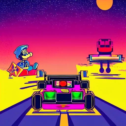 Image similar to synthwave illustration of Super Mario driving go kart into the sunset, trending on deviantart