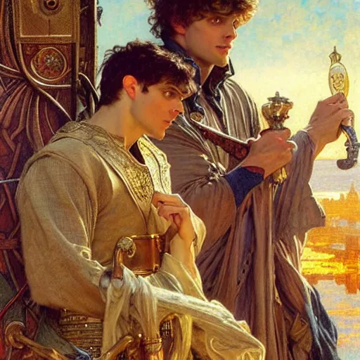 Prompt: arthur pendragon and merlin. focus on their faces. highly detailed painting by gaston bussiere, j. c. leyendecker, alphonse mucha, greg rutkowski, 8 k