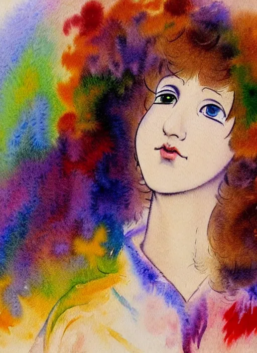 Prompt: vintage 7 0 s anime watercolor, a portrait of a man with colorful face - paint enshrouded in an impressionist watercolor, abstract representation of the meaning of life in the background by william holman hunt, art by cicley mary barker, thick impressionist watercolor brush strokes, portrait painting by daniel garber, minimalist simple pen and watercolor