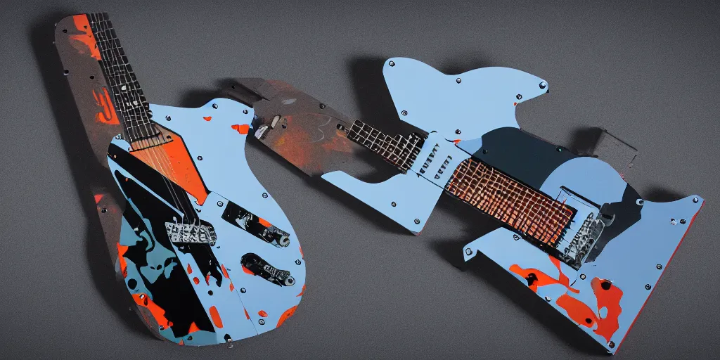 Image similar to cyberpunk telecaster guitar designs, trending on Artstation, 8K, ultra wide angle, pincushion lens effect