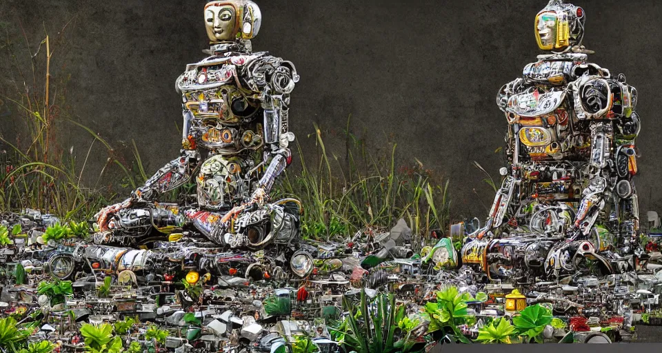 Prompt: a 1 0 0 0 armed quan yin robot sitting in prayer in the lotus garden made from scrap parts from a futuristic junkyard, digital art h 9 6 0