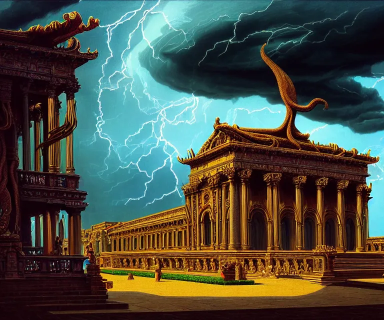 Prompt: hyper detailed 3d render like a Oil painting - ornate temple of the serpent god, dramatic stormy sky in background, oppressive, by P. Craig Russell and Barry Windsor-Smith, Houdini algorithmic generative render, Abstract brush strokes, Masterpiece, Alfred Charles Parker, Edward Hopper, Wes Anderson, Rolf Armstrong, Tim Doyle, Greg Hildebrandt, Jeremiah Ketner, Tim Okamura, Osamu Tezuka, Tom Whalen, Chip Zdarsky, hints of Coles Phillips, octane render, 8k