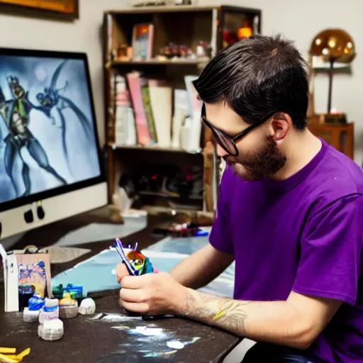 Image similar to violet - haired slim shaved emo male game designer who plays blood bowl and paints miniatures, sitting at his untidy working table