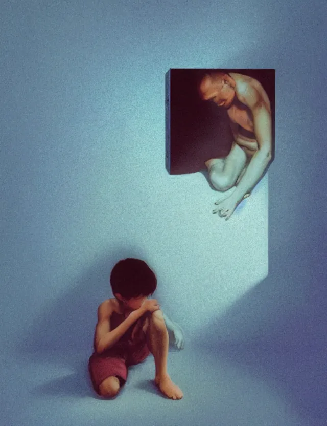 Image similar to boy in dark room praying on his knees infront of tv, blue rays from tv, redshift, wide shot, coloured polaroid photograph, pastel, kodak film, hyper real, stunning moody cinematography, by maripol, fallen angels by wong kar - wai, style of suspiria and neon demon, david hockney, detailed, oil on canvas