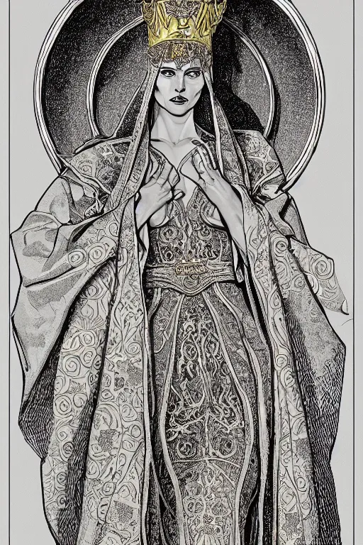 Image similar to Portrait of historically accurate, ancient biblical, sultry, sneering, evil, pagan, wicked, queen jezebel, wearing gilded robes, long hair, intricate, elegant, highly detailed, masterpiece, illustration, art by Jean Giraud, highly detailed, trending on artstation, award winning