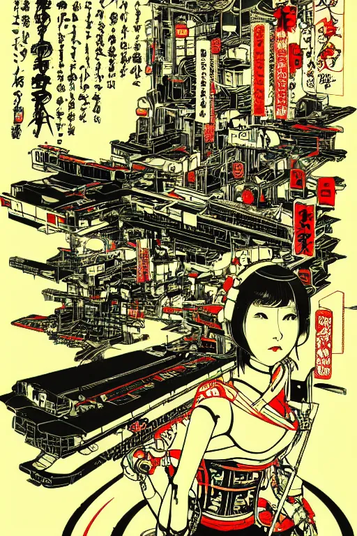 Image similar to futuristic japanese cyberpunk bladerunner silk screen by utagawa yoshiiku, ohara koson, pixiv contest winner, cyberpunk style, cyberpunk color scheme, mechanical, robotic, human machine interface, high resolution, hd, bold clear lines