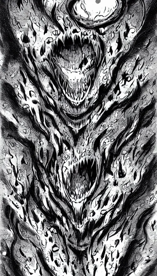 Image similar to a storm vortex made of many demonic eyes and teeth, from cryptid academia