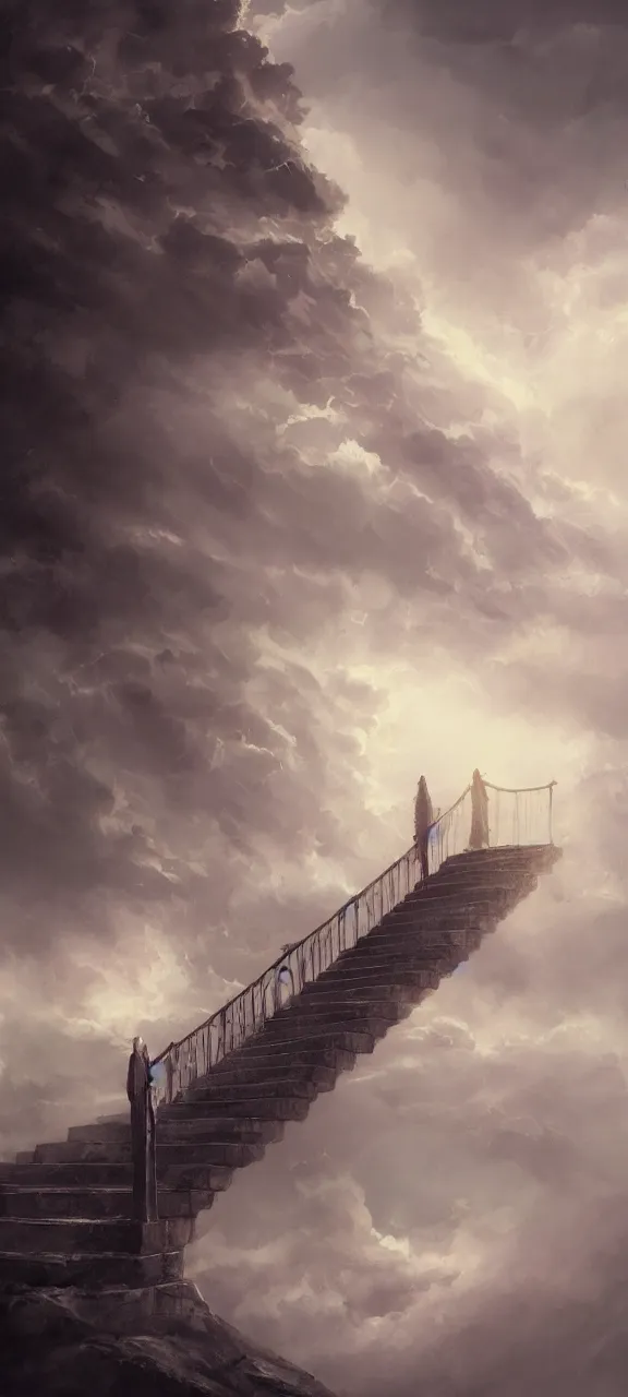 Image similar to stairway ladder to heaven angels ascending artstation ethereal atmospheric epic clouds rays concept art