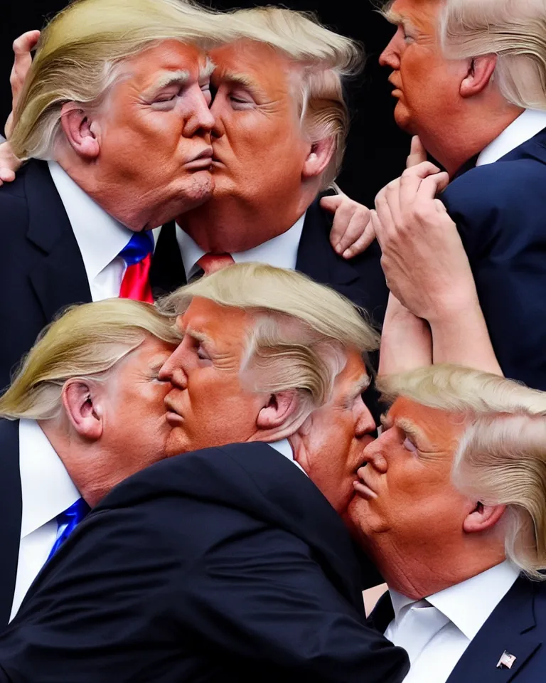 Prompt: high quality photo of donald trump kissing donald trump. donald trump kissing donald trump. donald trump kissing donald trump. award winning