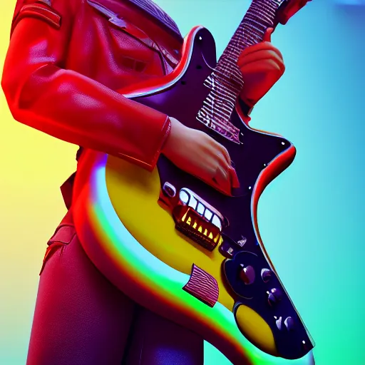 Prompt: shoulder shot of a high tech solider holding a electric guitar in shotting position, vibrant colors, 8k, highly detailed, octane render, unreal engine, ultra realistic
