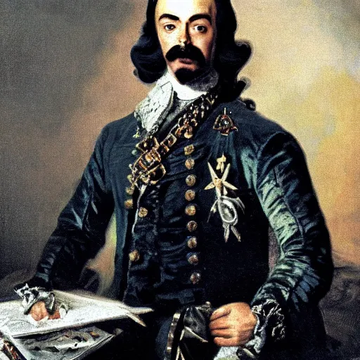 Prompt: russian tsar Peter The Great in holland camisole, clean-shaven 18th century installs operating system on desktop computer oil painting, detailed, artfully traced, 4k resolution, cinematic, dramatic by FYODOR ROKOTOV AND THOMAS GAINSBOROUGH