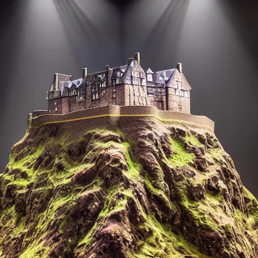 Image similar to sculpture of Edinburgh castle on a seamount deep underwater, hyper realistic, very very detailed, moody lighting, from zenith, Canon 5d, 8k