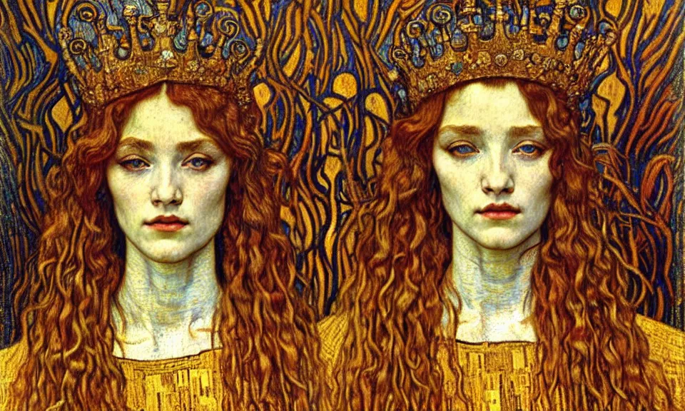 Image similar to detailed realistic beautiful young medieval queen face portrait by jean delville, gustav klimt and vincent van gogh, art nouveau, symbolist, visionary, gothic, pre - raphaelite, muted earthy colors, desaturated