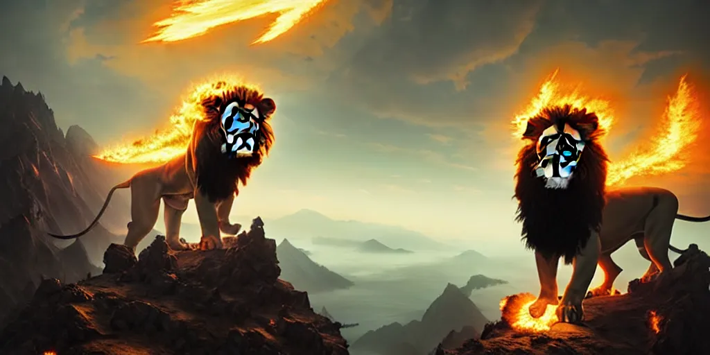 Prompt: Lion with scorpion tail and bat wings on a top of a mountain breathing fire to the sky, art by Peter Tang and artgem and Greg Rutkowski, highly detailed, fantasy, digital art, 8k, volumetric lighting