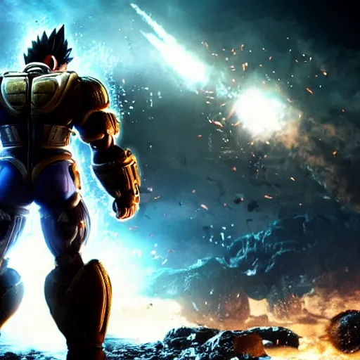 Image similar to vegeta in gears of war, splash art, movie still, cinematic lighting, ray tracing, octane render, long lens, shallow depth of field, bokeh, anamorphic lens flare, 8 k, hyper detailed, 3 5 mm film grain