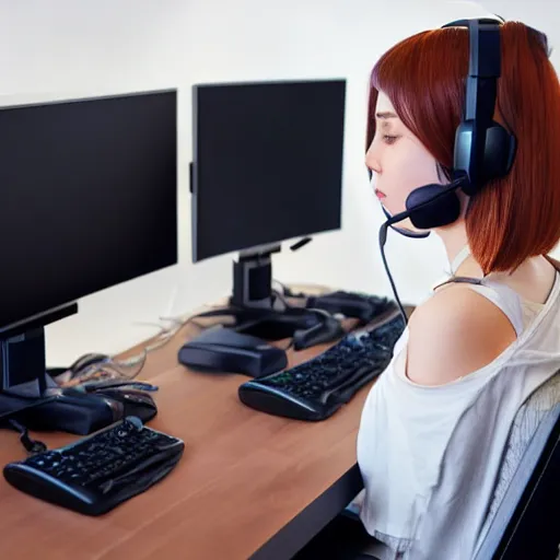 Prompt: beautiful gamer girl in a casual clothing sitting behind a compute desk with a headset on looking at the monitor, coloured hair, ultra - hd, hcl, volumetric lighting, detailed and intricate environment, trending on twitch